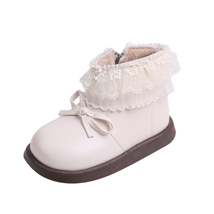 女童马丁靴2025冬季新款小女孩公主风蕾丝边短靴儿童加绒保暖皮靴