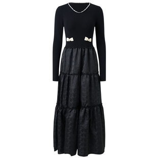 【奥莱】MAXRIENY复古连衣裙梭织毛织拼接长裙宴会约会裙子