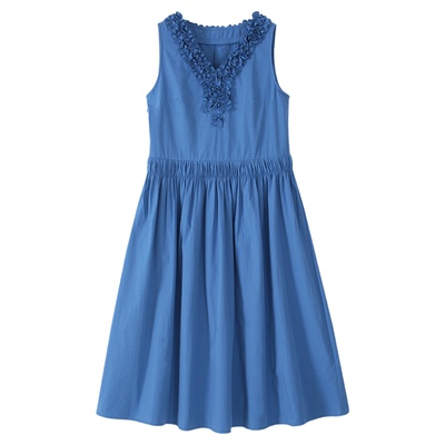 弥古克莱因蓝背心连衣裙女2026春季新款v领收腰纯棉蓝色度假长裙