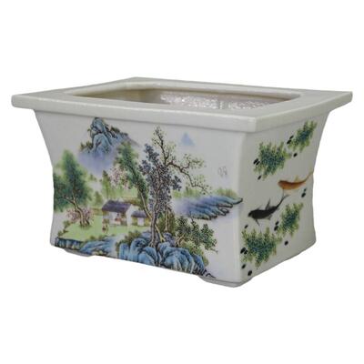复古粉彩山水菖蒲陶瓷长四方花盆