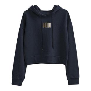 初春显白藏蓝短款卫衣310g重磅纯棉高腰宽松薄款连帽上衣韩版女装