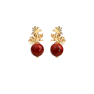 白岚金松南红耳钉南红玛瑙925银耳饰耳环女复古气质配饰ED4558