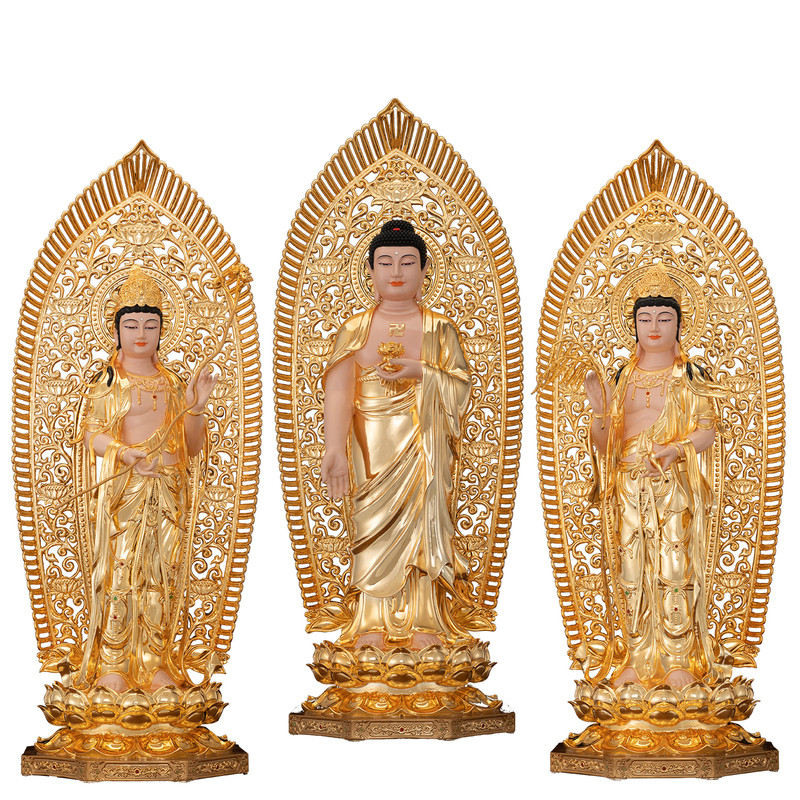 纯铜鎏金西方三圣佛像供奉摆件