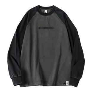 260g秋季新款美式纯棉长袖T恤男宽松复古水洗插肩袖打底衫上衣潮