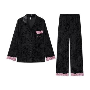 乐姿梦情侣睡衣金丝绒长袖女秋冬季黑色高级感男士轻奢套装家居服