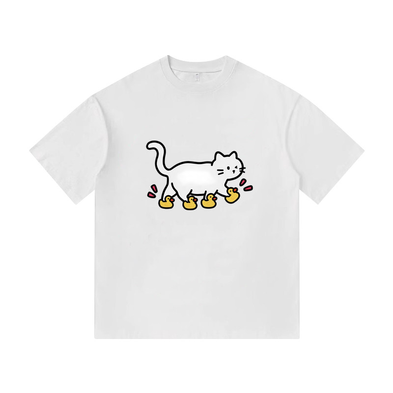 可爱猫猫小鸭子鞋趣味设计印花情侣短袖夏季纯棉男装休闲T恤上衣