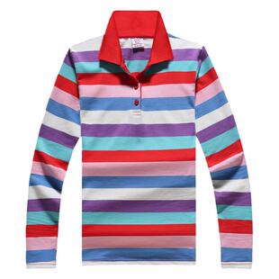 洋气条纹女长袖T恤翻领休闲运动polo上衣大码宽松妈妈春装带领子T