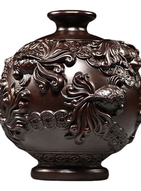 香樟木雕刻金玉满堂花瓶摆件