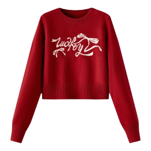 森马毛衣女短款蝴蝶结少女感2025新款春季红色圆领春秋套头衫显瘦