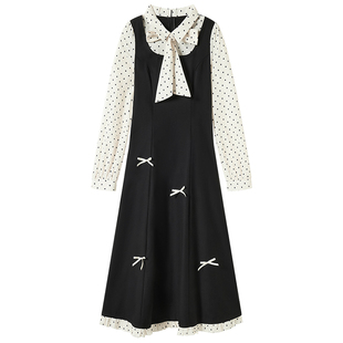 织物猪 黑雪浮光 千金风假两件波点连衣裙女春季黑白撞色气质长裙