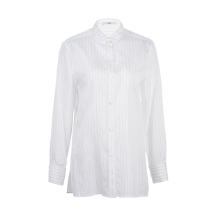 LYNEE【智性轮廓】翻折边小立领条纹衬衫 知识分子百搭休闲上衣