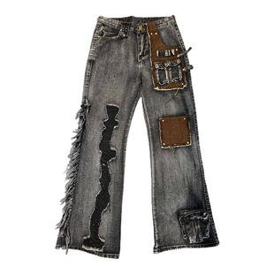 y2k千禧风废土风亚文化裤子复古补丁拼接毛边微喇牛仔裤女工装ins