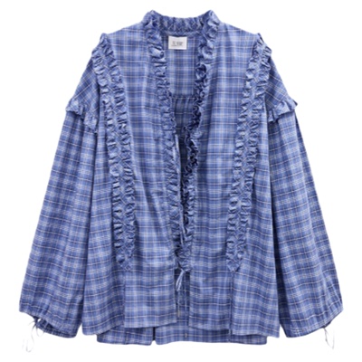 ANDAHALF宽松格纹抽皱花边衬衫