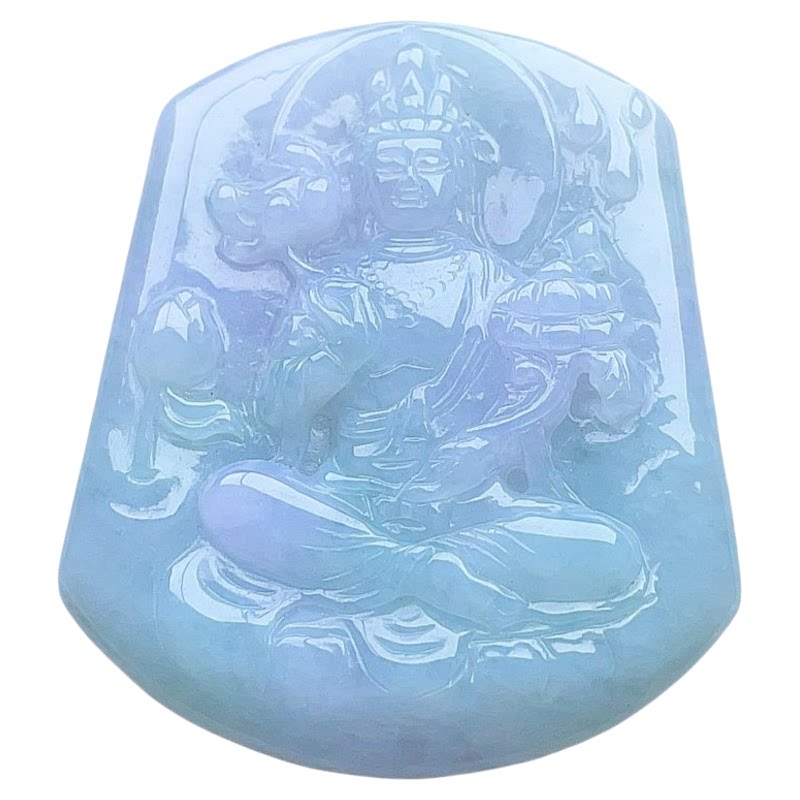 天然翡翠大势至菩萨乳白淡绿点紫