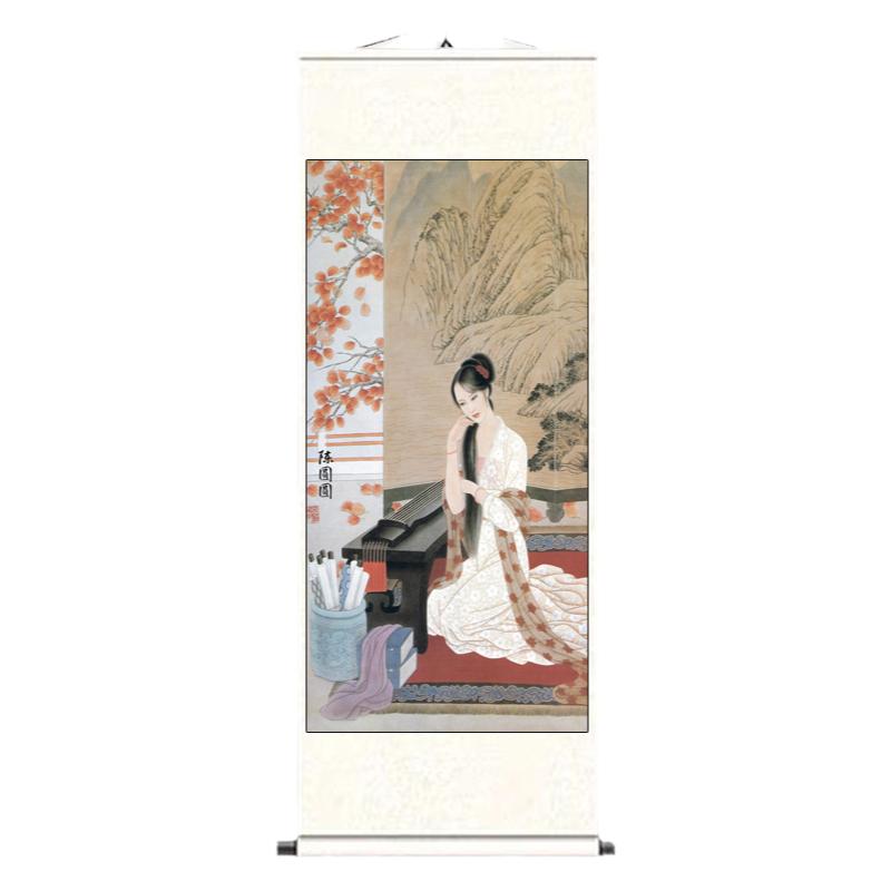 国画仕女图美女图莲花仕女茶楼字画古典美女挂画卧室卷轴画玄关画