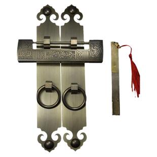 仿古铜素面加厚直条拉手衣橱柜门把手配中式铜锁老式挂锁双开门锁