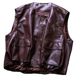 纯色城市游猎皮质立体口袋2025秋季新款宽松显瘦圆领女装马夹B324