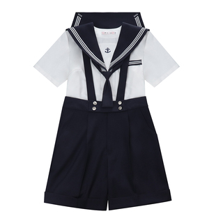 樱花家族jk制服【蔚蓝誓约】绀色背带短西裤花绀白三本水手服套装