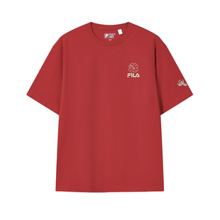 马上起飞FILA斐乐情侣针织短袖T恤2026春新款休闲上衣海棠花男女