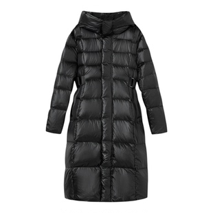 Jamor加墨时尚黑色长款鹅绒羽绒服宽松连帽保暖外套2025冬新款女
