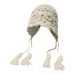 帽子女秋冬季双层钩花流苏套头帽出游护耳百搭包头帽显脸小针织帽