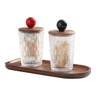 胡桃木实木盖浮雕玻璃罐牙签筒牙线棉签棉棒收纳盒法式奶油中古风