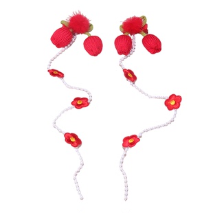 新年儿童红色毛绒蝴蝶结编发公主链珍珠花朵甜美流苏古风发夹头饰