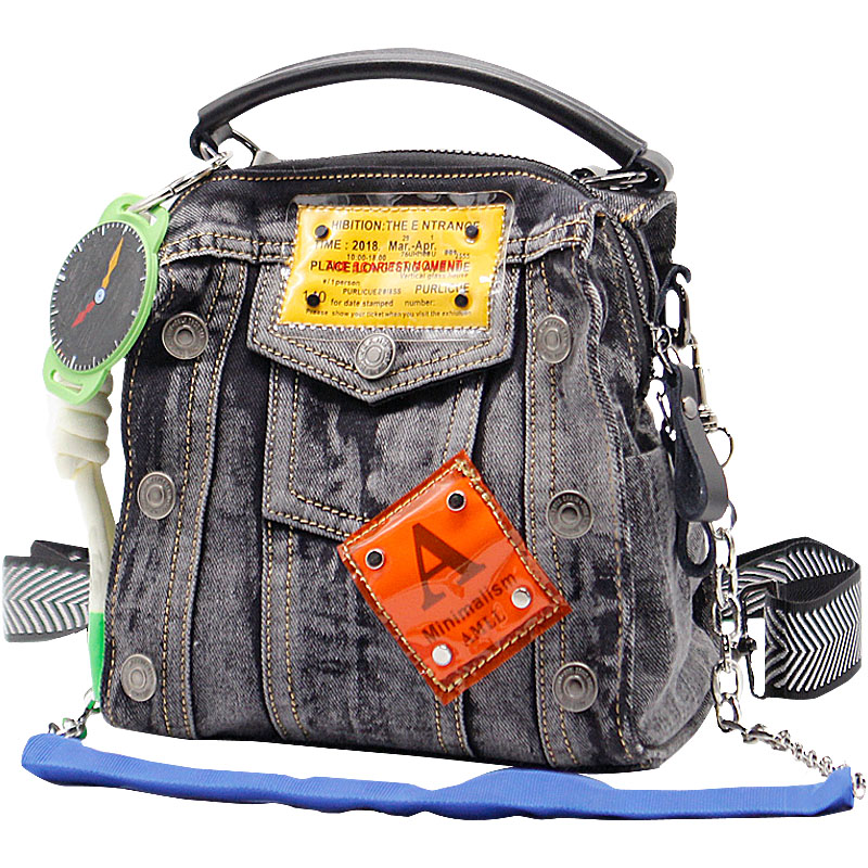 欧货2022新款牛仔布撞色小方包多功能双肩包链条时尚女单肩斜挎包