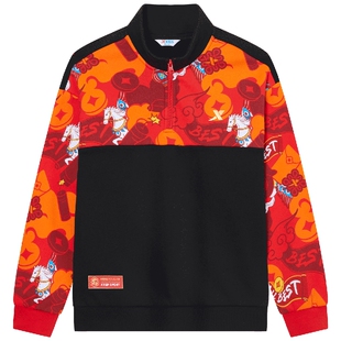 福燈贺岁|特步童装冬季男童加绒新年套头拼接上衣本命年红色卫衣