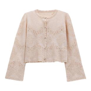 芭依璐2026春装新款羊毛针织衫圆领蕾丝边长袖休闲开衫毛衣外套女