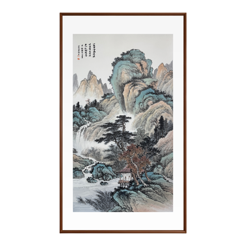 手绘新中式山水瀑布客厅装饰画