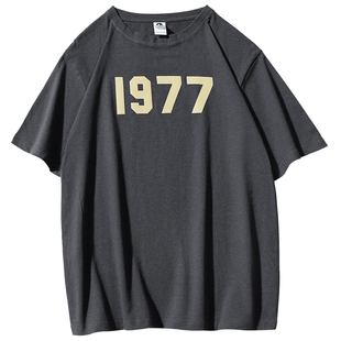 夏季街头风复线ESSENTIALS植绒1977短袖男女T恤宽松美式高街潮牌