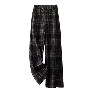 拉夏贝尔格子毛呢阔腿裤女2025新款秋冬季加绒加厚格纹直筒休闲裤
