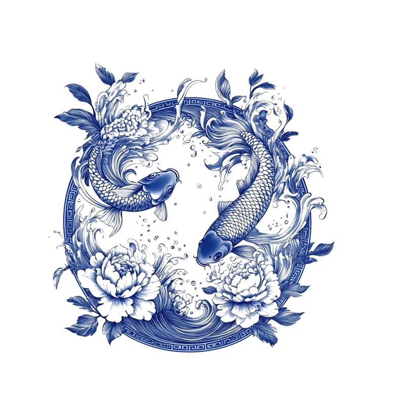 中式青花瓷锦鲤鱼戏莲墙贴客厅卧室床头白墙装饰贴纸古典风水贴画