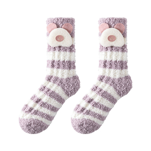 珊瑚绒袜子女秋冬中筒加绒加厚保暖可爱搞怪居家睡眠袜防滑地板袜