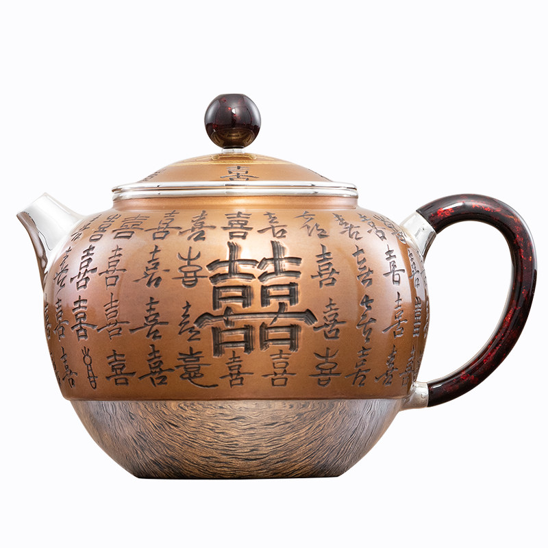 臻宝堂银壶铜包银壶纯手工百喜字掇只小壶9999纯银泡茶壶家用茶具