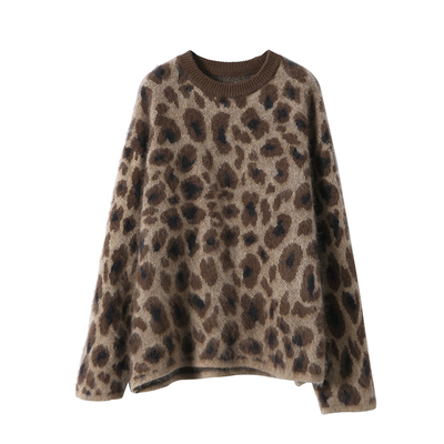 淘么淘 野生美感 复古风豹纹山羊绒羊毛拉毛宽松圆领针织衫毛衣女