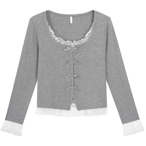 2025超火胖莹大码女装蕾丝甜美假两件清冷格雷灰蝴蝶结打底针织衫
