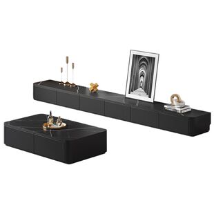 岩板电视柜茶几组合客厅高26cm储物柜2025新款黑色实木落地电视柜