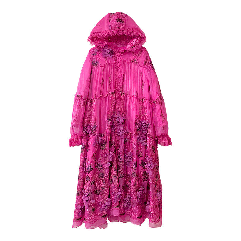 桑蚕丝棉服女时尚年轻款玫红色中长高端刺绣宽松显瘦轻薄保暖外套
