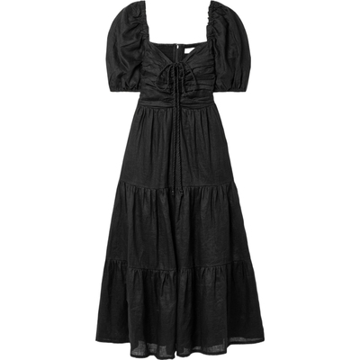 FAITHFULL THE BRAND春夏女士缩褶亚麻中长连衣裙