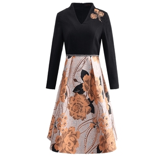 马天奴春季新款花卉提花连衣裙拼接阔摆A字礼服过膝裙收腰长袖女