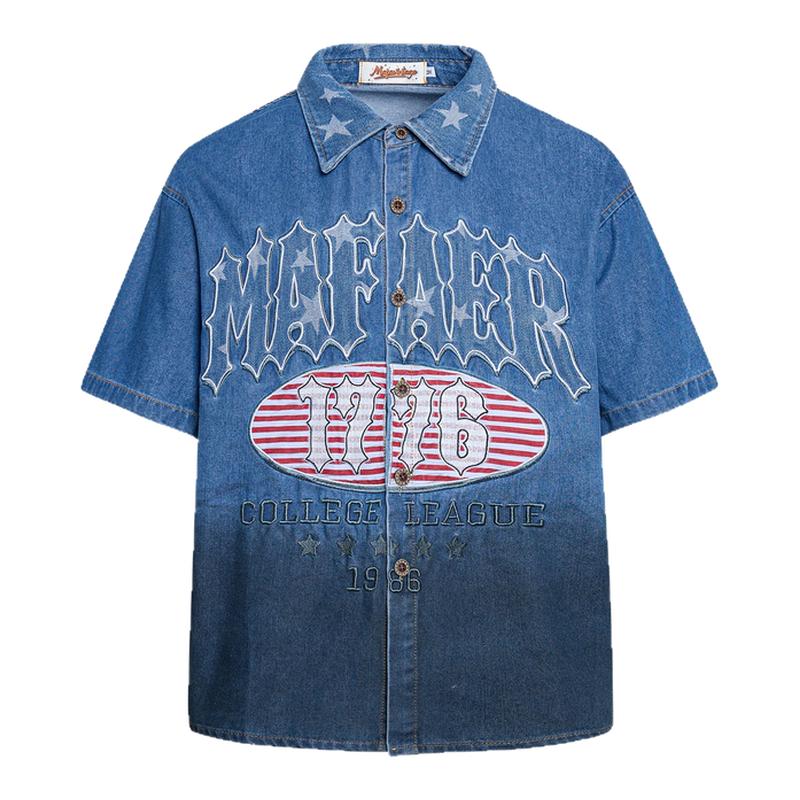MoCreation 美式复古字母刺绣牛仔短袖衬衫男女夏装宽松潮牌衬衣
