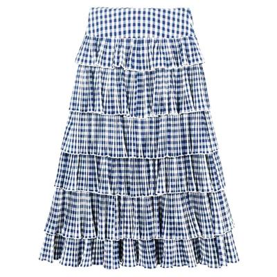 KEIKO 蓝色格子显瘦蛋糕裙25早秋繁复压褶层叠修身遮内半身长裙