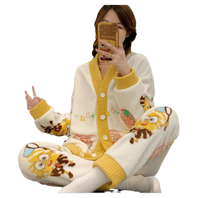 法兰绒卡通可爱开衫女家居服套装