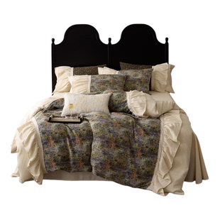 晨雾玫瑰法式复古全棉三层皱皱纱床上四件套荷叶花边被套纯棉床单