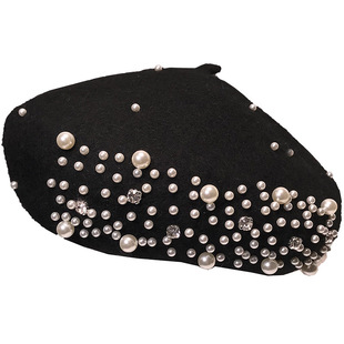 秋冬新款帽子女百搭韩版羊毛呢贝雷帽女英伦复古水钻珍珠蓓蕾帽潮