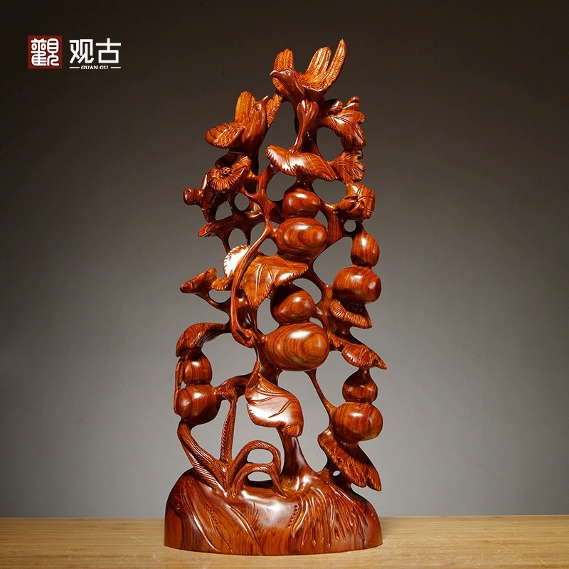 花梨葫芦木雕刻五福临门摆件中式红木家居客厅装饰工艺品乔迁送礼