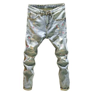 九分破洞刮烂牛仔裤男款潮牌ins修身小脚裤夏季薄款泼墨乞丐裤子