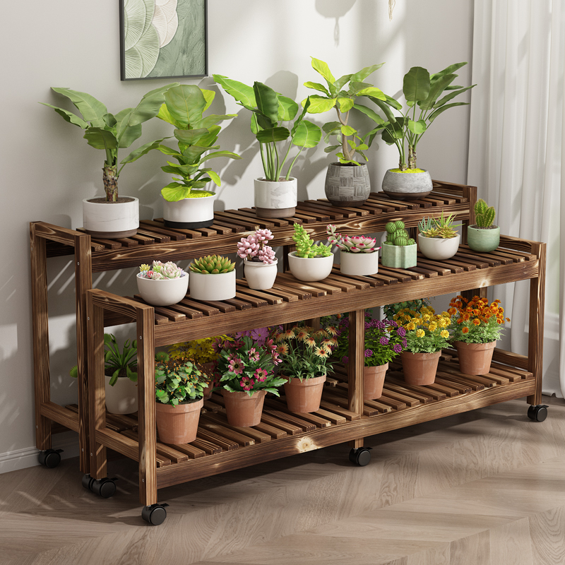 花架置物架阳台移动落地式带轮实木架子客厅室内户外防腐木花盆架